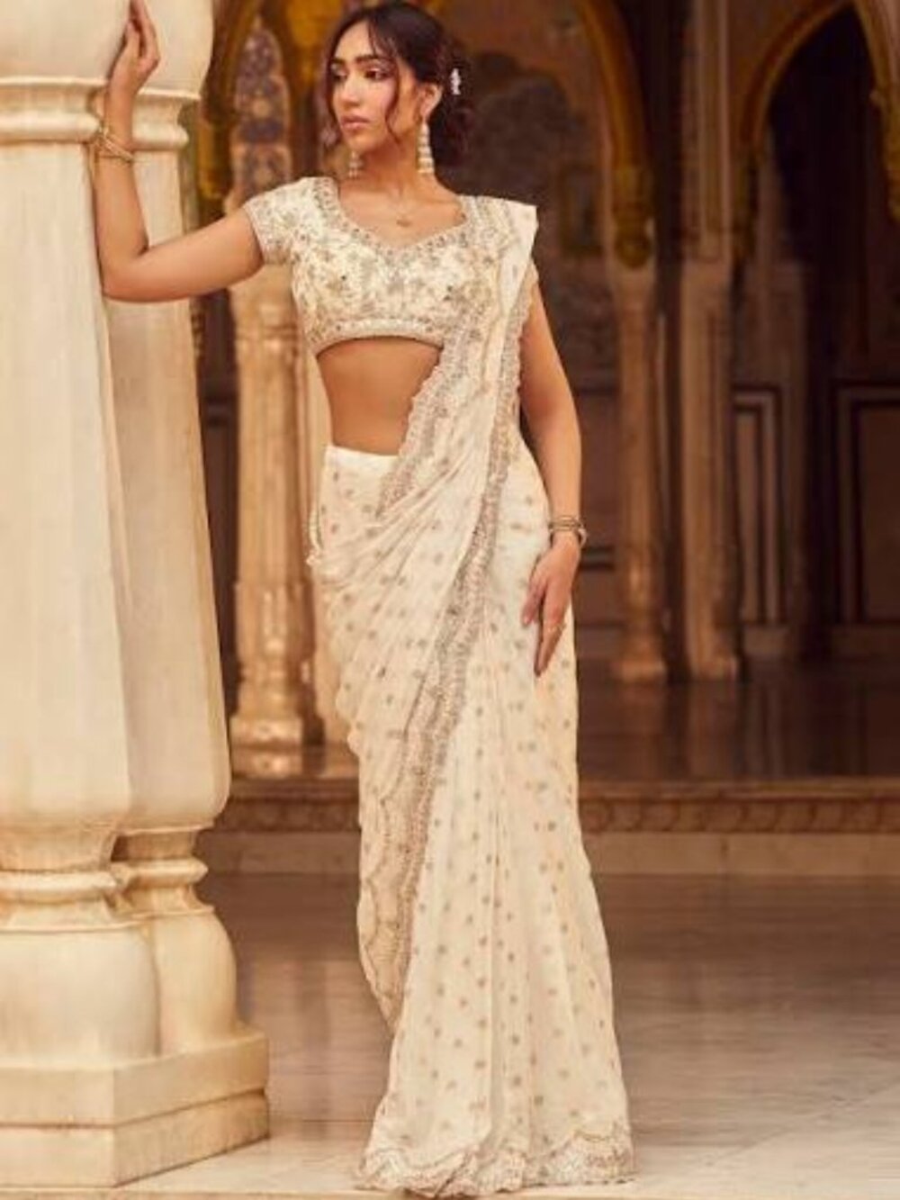 White Embroidered Brocade Saree